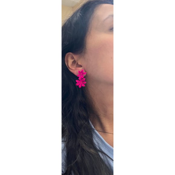 Hot pink earring dark pink resin fuchsia flower chunky ,pink flower statement - Picture 4 of 9